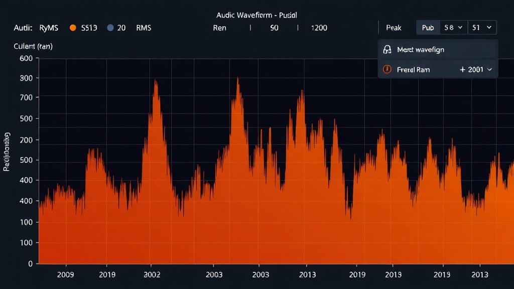 오디오 파형의 평균값(RMS)과 피크값의 차이를 보여주는 분석 그래프